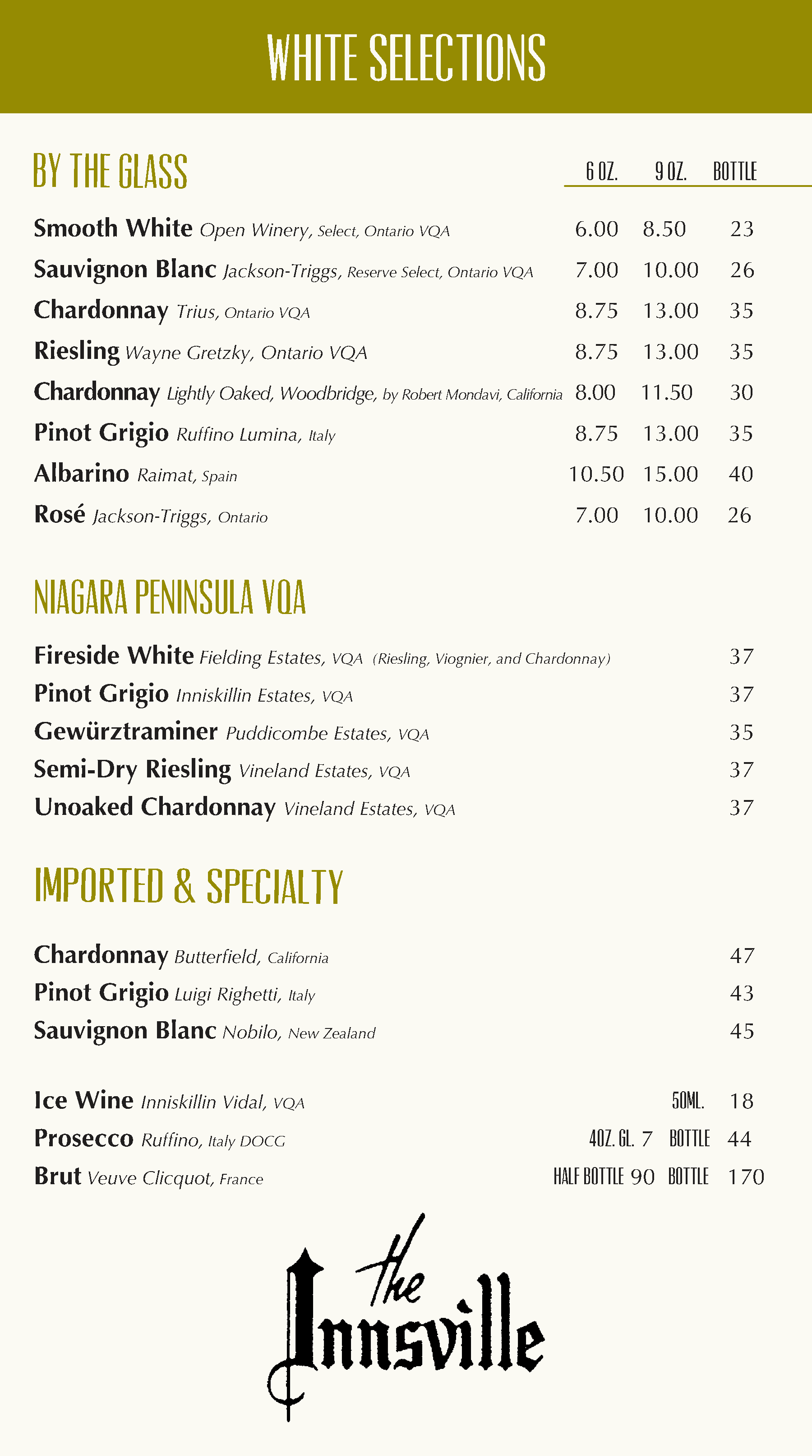 Wine Menu | The Innsville Restaurant